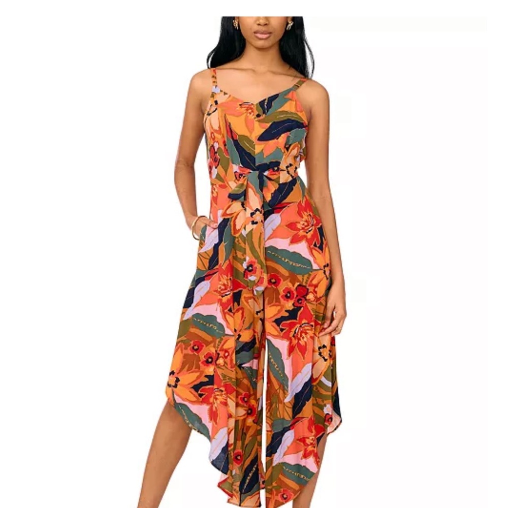 MSK Women's Tropical-Print Tie-Waist Jumpsuit